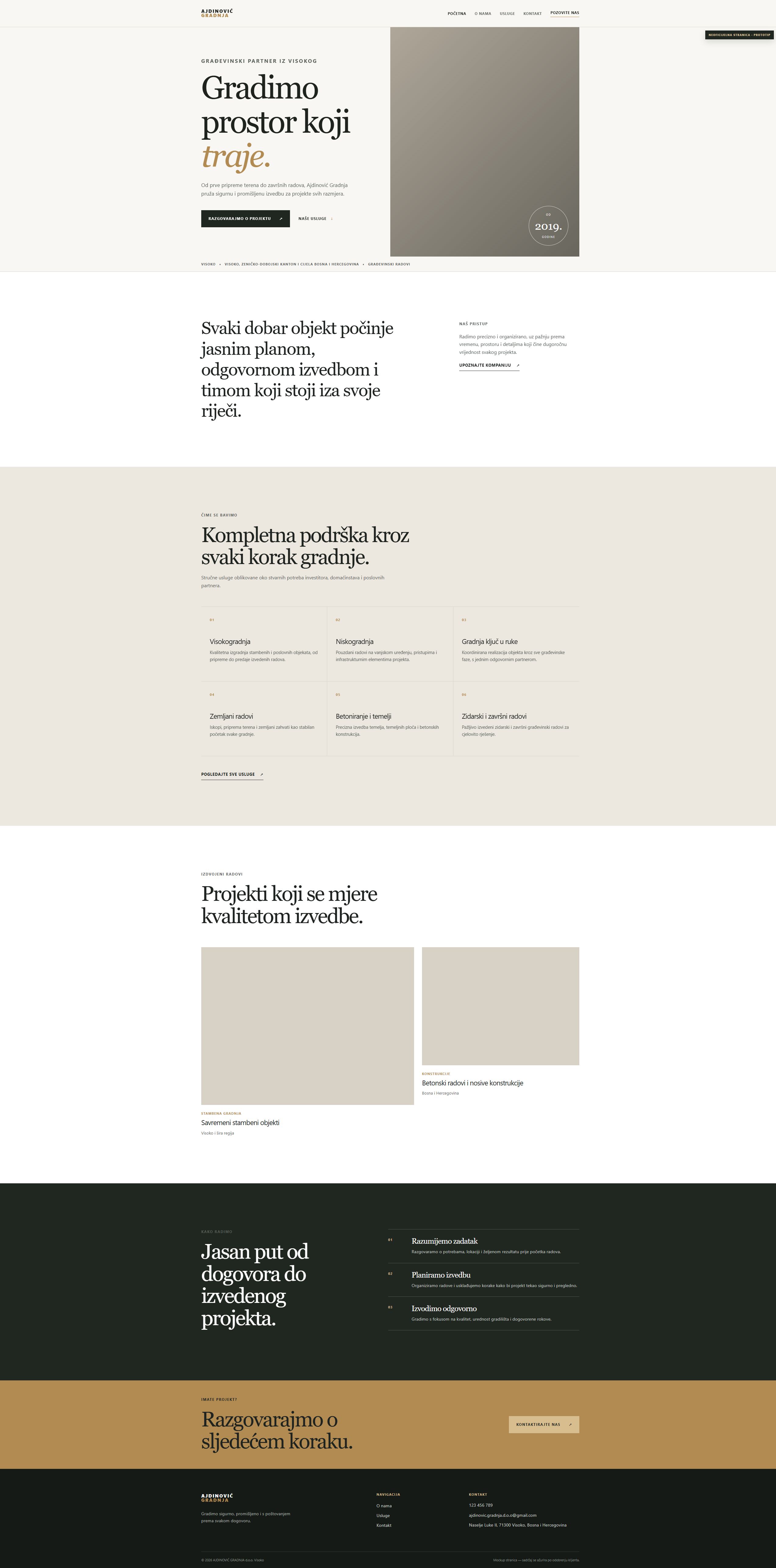 Ajdinović Gradnja prototype homepage showing its editorial construction design