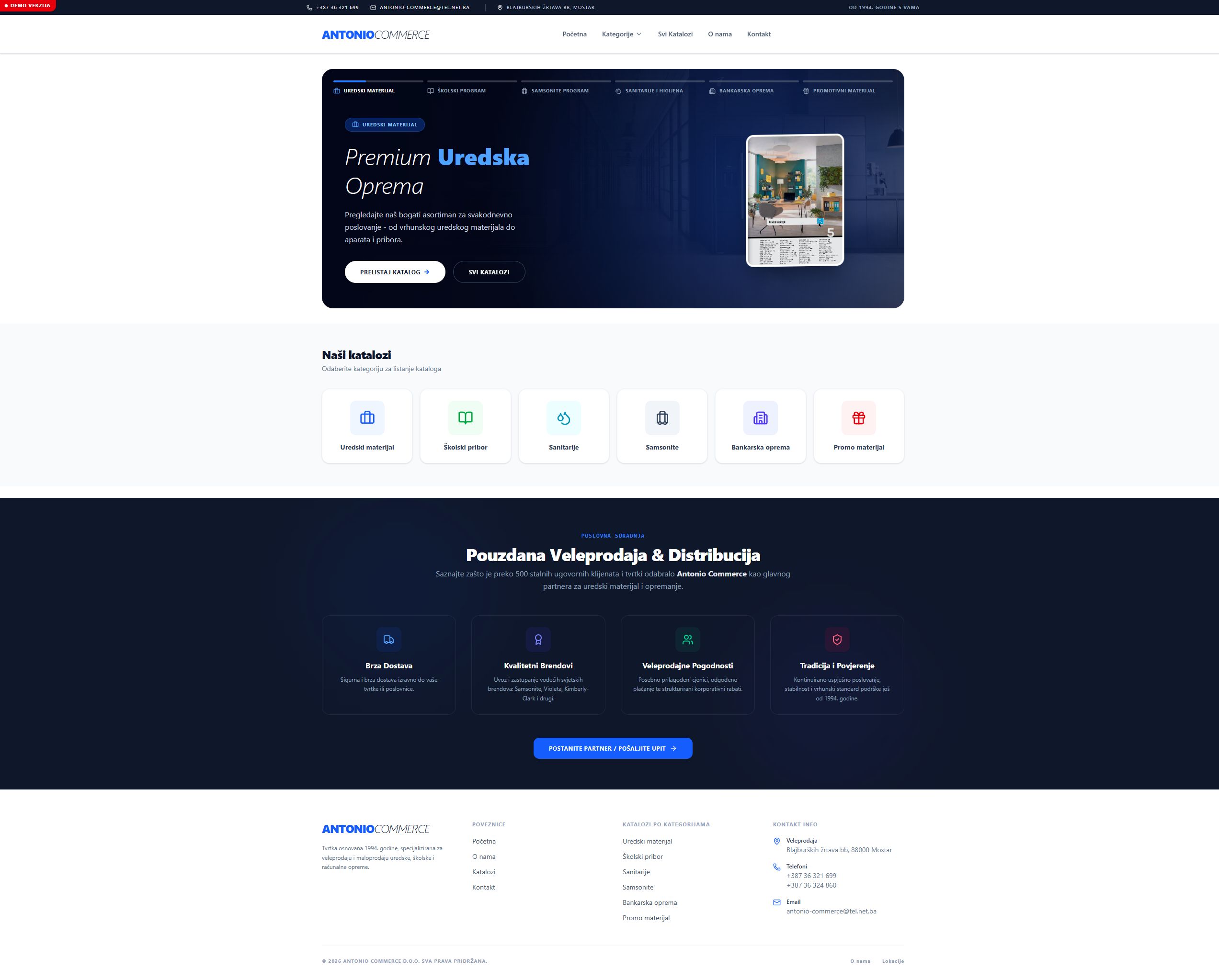 Antonio Commerce prototype showing catalogue categories and a dark blue wholesale section