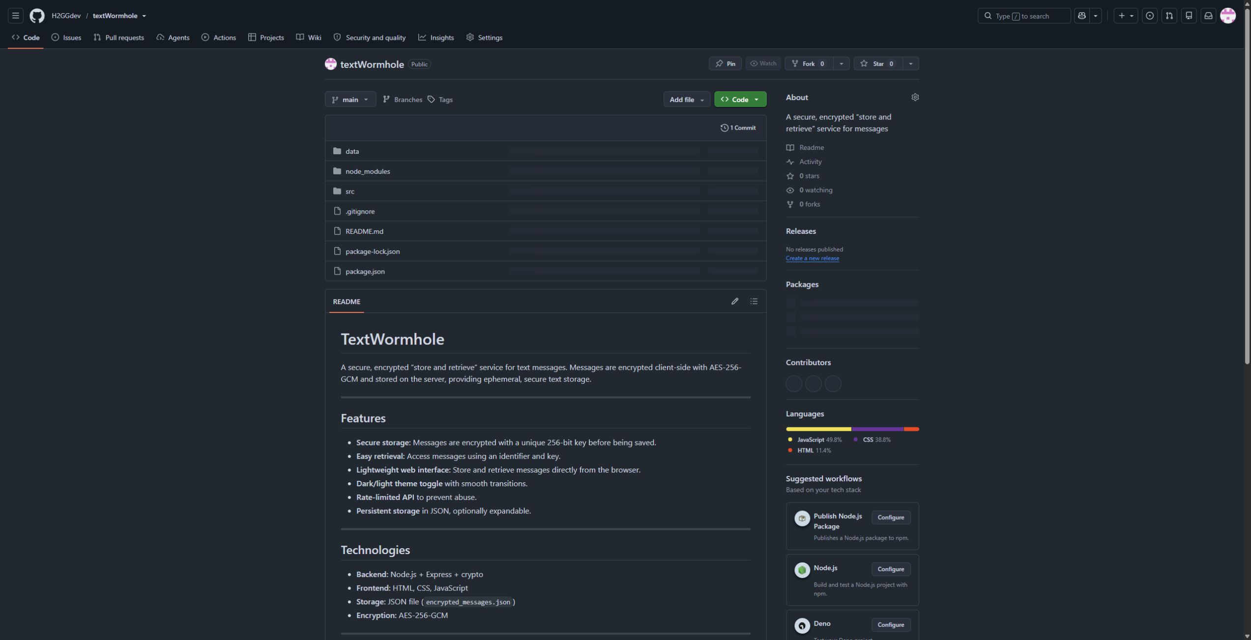 textWormhole GitHub repository showing the project files, README, and JavaScript language breakdown