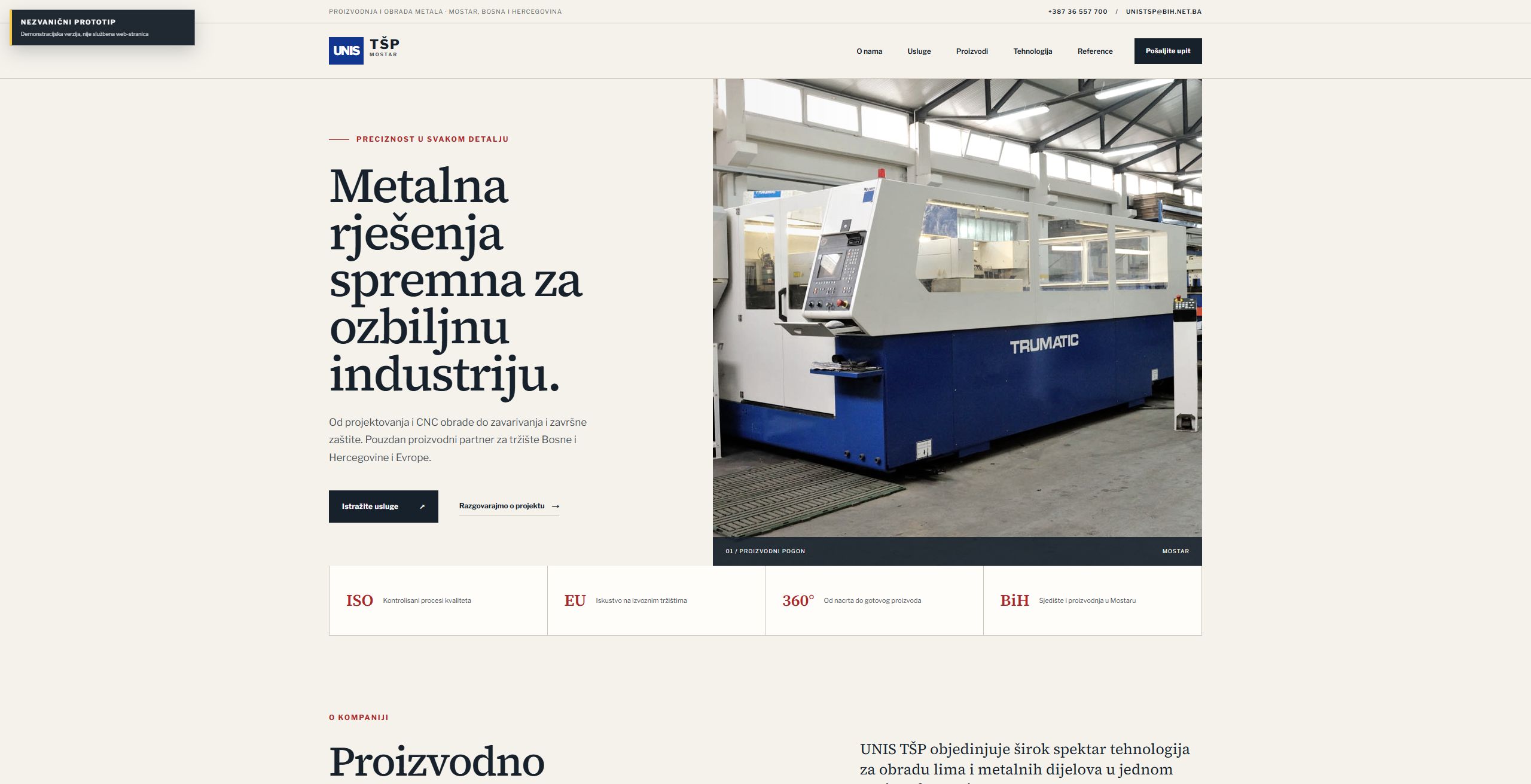 UNIS TŠP prototype showing industrial typography and a CNC machine in the production facility